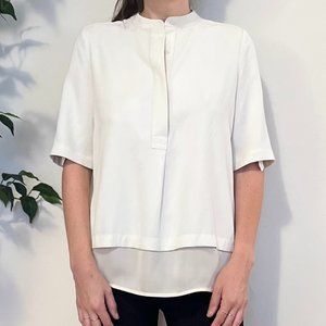 Vince Band Collar Button Front Blouse with Silk Layered Hem, Cream, Size XS